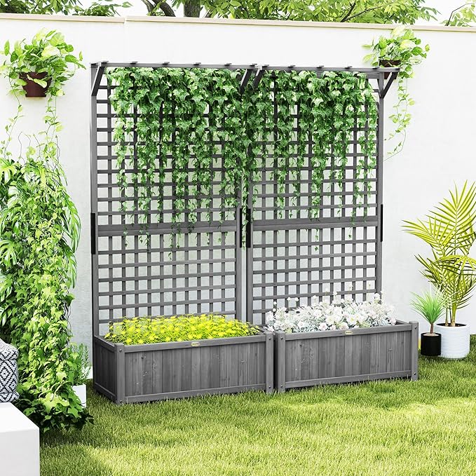 Outsunny Wood Planter with Trellis, Raised Garden Bed for Climbing Plants w/Drainage Holes and Roof, 35.5" x 17.75" x 72", Pack of 2, Dark Gray