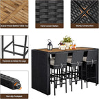 Yaheetech 7 Piece Patio Dining Set Outdoor Acacia Wood Bar Table and Chairs with Removable Cushions, Wicker Furniture Set for Deck, Backyard, Garden, Black/Beige