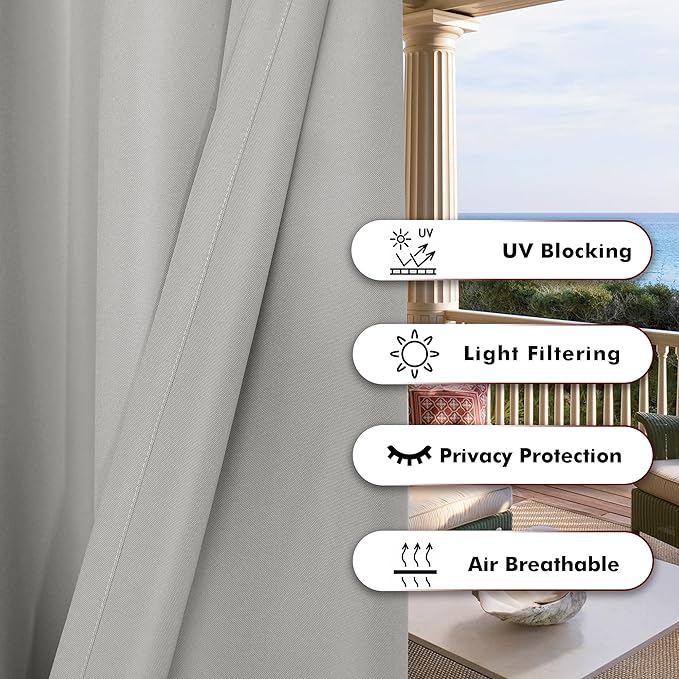 BONZER Outdoor Waterproof Curtains for Patio Extra Wide Grommet Light Filtering Outside Curtains for Gazebo, Porch, Pergola, Pavilion, 1 Panel, 150W x 84L inch, Silver