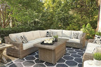 Signature Design by Ashley Beachcroft Outdoor Left & Right Arm Facing Wicker Patio Loveseats, Nuvella Weather Resistant Fabric, Brown & Beige