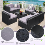 8-Piece Patio Furniture Set, Outdoor Wicker Rattan Sectional with Thick Cushions, Glass Top Table with Hidden Storage, Outdoor Conversation Set for Backyard, Porch, Patio, Light Grey
