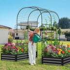 DoCred 3 in 1 Raised Garden Bed with 87in Tall Arch Trellis for Climbing Plants, Galvanized Planter Garden Box Outdoor for Gardening, Climbing Vegetables, Flower, Black