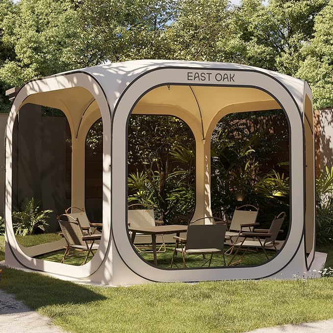 East Oak Screen House Tent Pop-Up, Portable Screen Room Canopy Instant Screen Tent 12 x 12 FT with Carry Bag for Patio, Backyard, Deck & Outdoor Activities, Beige