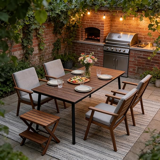 70 Inch Patio Outdoor Dining Table for 6 with Wood-Like Top & Umbrella Hole, All-Weather Deck & Backyard Table