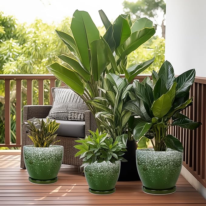 Ceramic Pots for Plants - 8 Inch Planter for Indoor Outdoor Plants, Round Planter, Large Flower Pot with Drainage and Saucer, Home Room Garden Office Decor, Birthday Gifts, Green