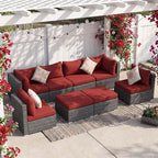 NICESOUL 8 Piece Modern Patio Couch Set, 29.3'' High Back Oversized Wicker Outdoor Sectional Furniture with Ottoman, Wide Seating Comfy Conversations for Backyard Deck, 2 Color Cushion Wine & Gray