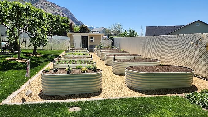 A ANLEOLIFE 12-Set 8X4X2 ft Galvanized Raised Garden Bed Kit, Oval Metal Deep Root Planters for Outdoor Plants, Antique White