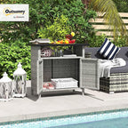 Outsunny Wicker Outdoor Storage Cabinet, Rattan Outdoor Bar Table with 2 Doors and Shelf, Outdoor Buffet Cabinet Sideboard with Metal Slatted Countertop for Poolside, Patio, Backyard, Gray