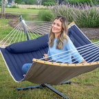 2 Person Hammock with Stand Included, Outdoor Hammock with Curved Spreader Bar, Pillow and Carrying Bag, 450 Lbs Capacity, Navy Blue