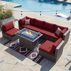 NICESOUL 7 Piece Outdoor Patio Furniture with Firepit Table Natural Gas & Propane Convertible, 29.3'' High Back L Shaped Couch Sectional, Extra Large Rattan Patio Modular Set for Backyard, Burgundy