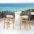 Christopher Knight Home Zax Set of 2 Patio Barstool, Acacia Wood & Rope Outdoor Counter Stool with Backrest/Footrest, Barstool Chairs with Cushion Seating for Backyard Balcony Garden, Beige+Gray+Teak