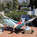 Sunnydaze Woven Double Hammock for Outside with Crocheted Edges and Spreader Bars - 600-Pound Weight Capacity Outdoor Hammock for Trees - Lagoon Stripes