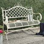 Safavieh PAT5017A Collection Adina Antique White Wrought Iron 51.25" Outdoor Garden Bench