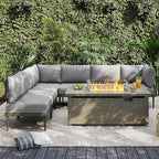 Sundale Outdoor 7 Pieces Patio Furniture Set with Fire Pit Table, L-Shaped Outdoor Sectional Sofa with 6 Inch Olefin Cushion, All-Weather Modern Metal Outdoor Conversation Sets for Backyard, Poolside