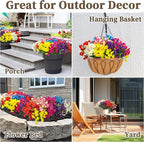 16PCS Artificial Fake Flowers for Outdoors/Indoors, Faux Silk Colorful Morning Glory with Eucalyptus, UV Resistant Realistic Floral Arrangement for Garden Porch Window Box Home Balcony Yard (8 Colors)