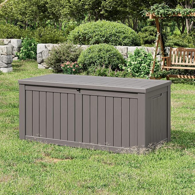 Deck Box, 150 Gallon Resin Outdoor Storage Bench in Striped Beige