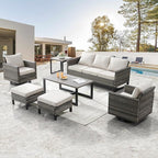 Belord 7 PCS Outdoor Furniture Set, Mixed Grey Wicker, Beige Cushion, Includes Swivel Rocker Chairs, Sofa, Ottomans, Water-Resistant