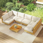 Outsunny 7 Piece Wicker Patio Furniture Set, Modular Outdoor Sectional with Thickened Cushions, Rattan Outdoor Furniture Conversation Set with Slatted Acacia Wood Table for Backyard, Khaki/Beige