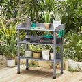 Potting Bench Table with Metal Top, Solid Fir and Storage Shelves, Gray