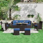 Yaheetech 3-Seat Patio Wicker Sofa, Outdoor Rattan Couch with Furniture Cover, Deep Seat High Back with Cushions & Throw Pillows for Deck/Porch/Balcony/Yard, Brown/Dark Blue