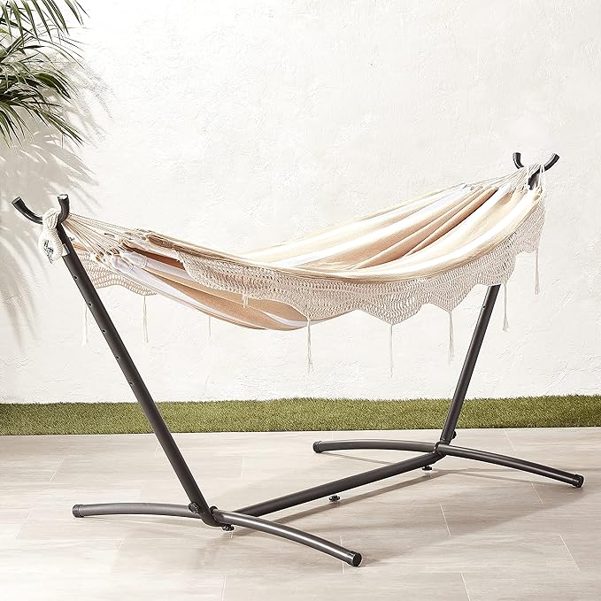 Amazon Basics Double Hammock with 9-Foot Space Saving Steel Stand and Carrying Case, 2 Person, 450 lb Capacity, Beige Stripe with Lace, 110" x 47" x 43"