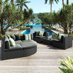 Merax 7-Piece Outdoor Wicker Sectional Sofa Set,Modular Rattan Conversation Set with Gray Cushions,Striped Green Pillows & Tempered Glass Coffee Table for Patio,Garden,Deck,Black