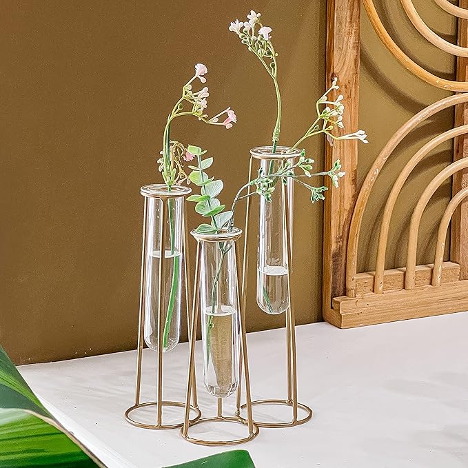 Planter Set of 3 Clear Glass Test Tube Vases with Antique Gold Metal Base