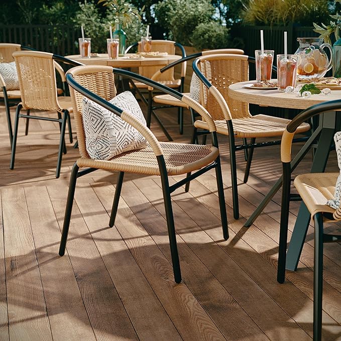 EMMA + OLIVER Set of 4 Modern Rattan Indoor/Outdoor Stack Chairs, Stacking Rattan Patio Chairs with Curved Back and Cross Bracing, Beige