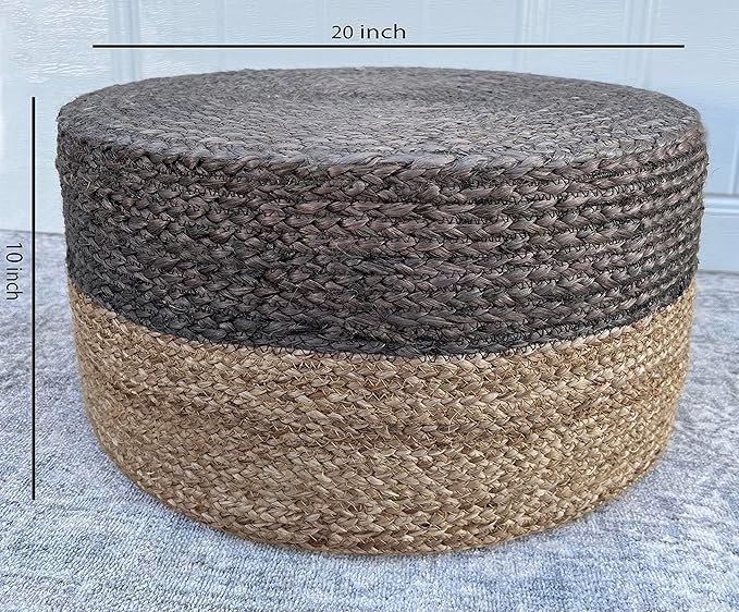 S & L Homes Pouf Ottoman - 100% Jute Braided Footrest Pouf Hand Knitted Traditional Cord Boho Pouffe for Living Room, Bedroom, Nursery, Patio, Lounge Colorblock - Natural Brown (20”x20”x10”)