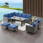 Belord Outdoor Sectional Sofa 6 Seater L Shaped Couch Wicker Patio Conversation Furniture Set with Tree-Grain Finish Metal Dining Table, Rattan Outdoor Furniture with Removable Washable Cushion Blue
