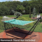 Sunnydaze Quilted Outdoor Hammock with Spreader Bars - Heavy-Duty 450-Pound Capacity Double Hammock for Outside - Green Palm Leaves