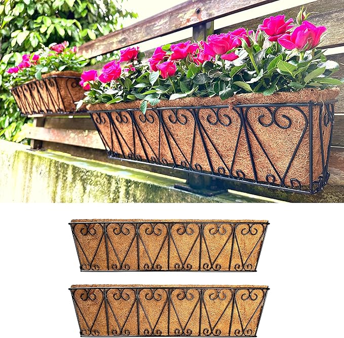 LaLaGreen Large Rail Planters - 2 Pack, 24 Inch Wall Hanging Basket with Coco Liner Deck Railing Hanging Window Flower Box Outdoor Black Metal Trough Plant Holder Fence Balcony Patio Porch Garden