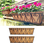 LaLaGreen Large Rail Planters - 2 Pack, 24 Inch Wall Hanging Basket with Coco Liner Deck Railing Hanging Window Flower Box Outdoor Black Metal Trough Plant Holder Fence Balcony Patio Porch Garden