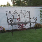 Alpine Corporation 45" Long Outdoor Metal Classic Bench with Stylish Patterns, Garden Furnitures - Brown