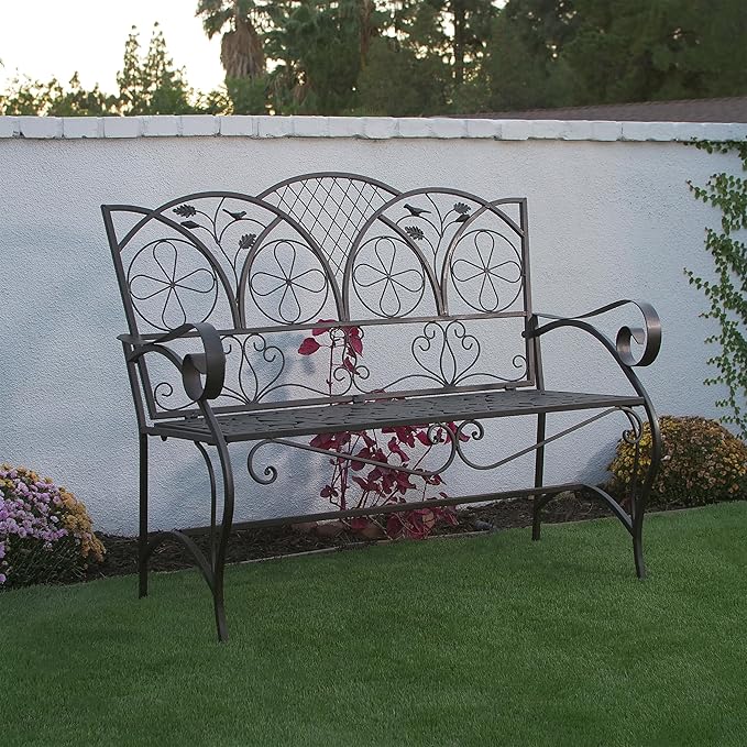 Alpine Corporation 45" Long Outdoor Metal Classic Bench with Stylish Patterns, Garden Furnitures - Brown