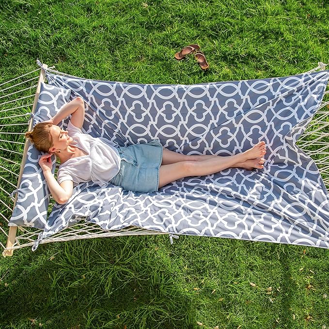 SUNCREAT Hammocks Heavy Duty Hammock with Hardwood Spreader Bar, Double Rope Hammock with Polyester Pad, Grey