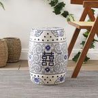 JONATHAN Y TBL1013A Double Happiness 18" Chinoiserie Ceramic Drum Indoor/Outdoor Garden Stool Bohemian, Coastal, Classic, Cottage, French Country, Traditional, Bathroom, Garden Room, Patio, Blue/White