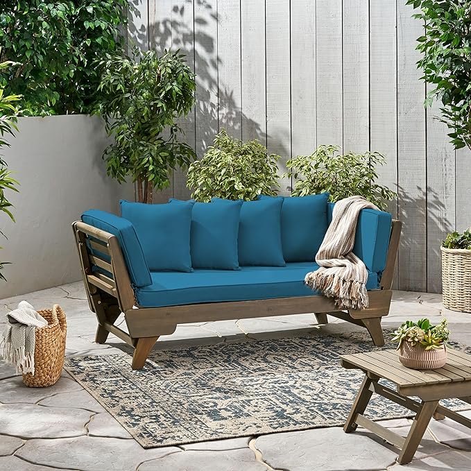 Merax Outdoor Patio Daybed Sofa,3-Seat Sofa with Foldable Arm 4 Back Pillows,Teak Acacia Wood Frame Beige Removable Cushion,Grey+Teal