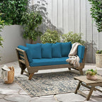 Christopher Knight Home Gary Patio Convertible Couch, Wooden Outdoor Daybed, 3-Seater Acacia Wood Patio Furniture Lounge Sofa for Backyard/Poolside/Garden, Back Pillow+Removable Cushion, Grey+Teal