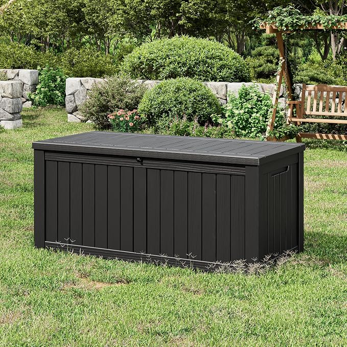 Deck Box 150 Gallon Striped Black Resin with Hydraulic Lid
