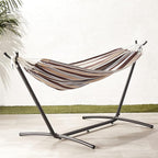 Amazon Basics Double Hammock with 9-Foot Space Saving Steel Stand and Carrying Case, 2 Person, 450 lb Capacity, Cream Wave, 110" x 47" x 43"